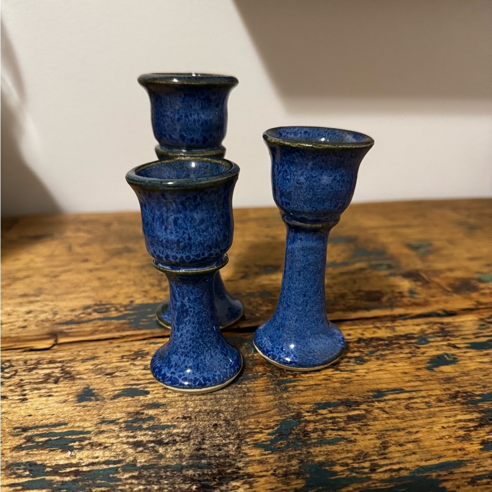 Blue Pottery Graduated Candle Holders